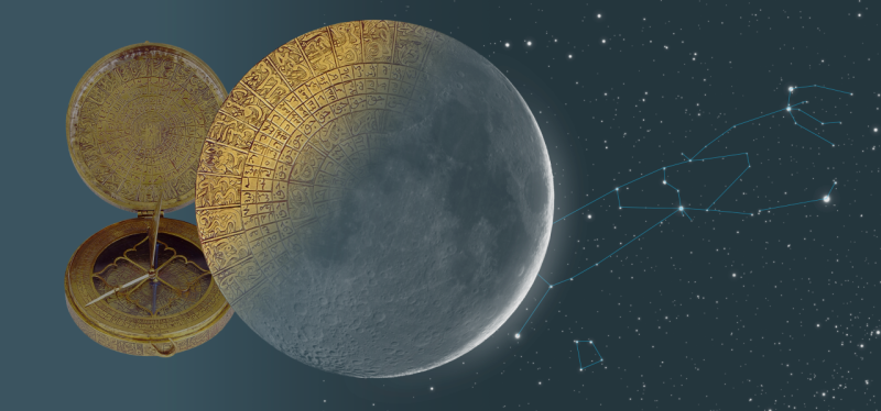 The new crescent Moon alongside an antique qibla compass.