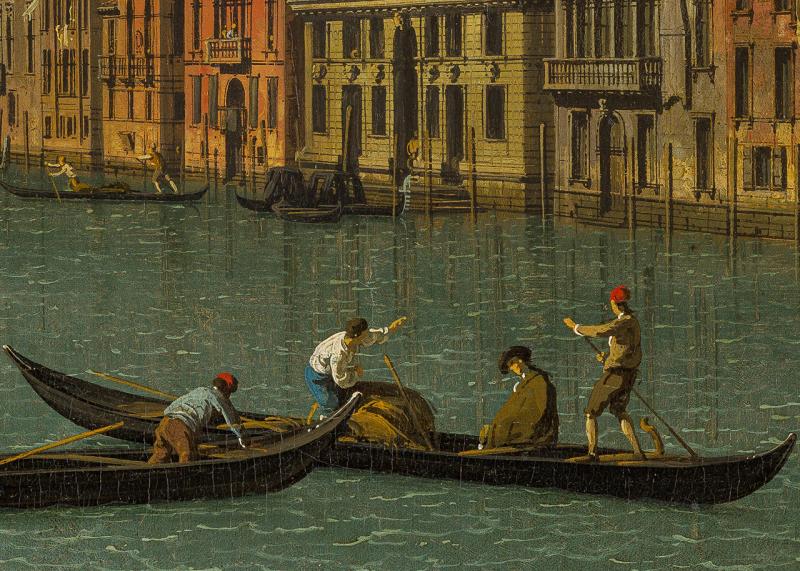 Close-up view of a painting by Canaletto showing a gondola