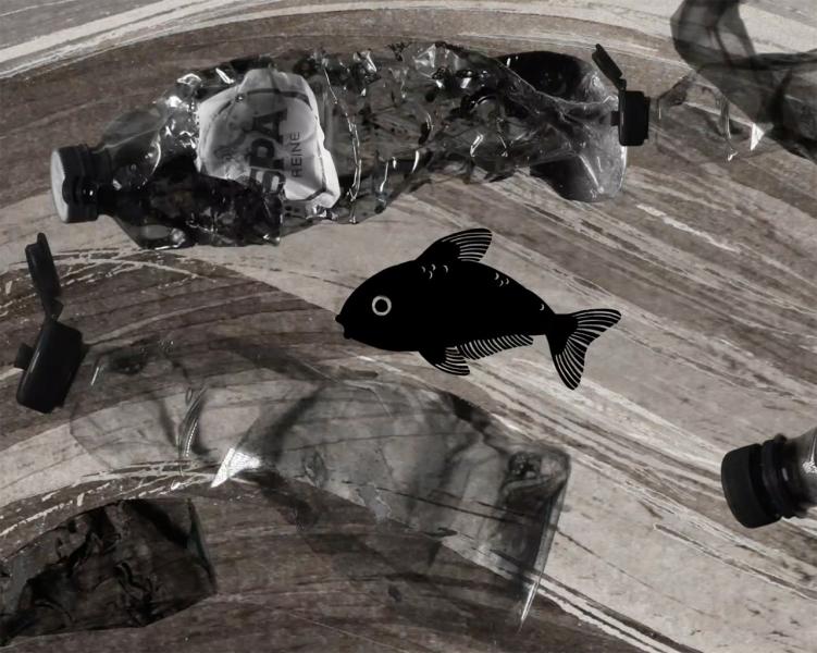 A scene from a black and white stop-motion animation showing a small fish swimming through an ocean of plastic bottles