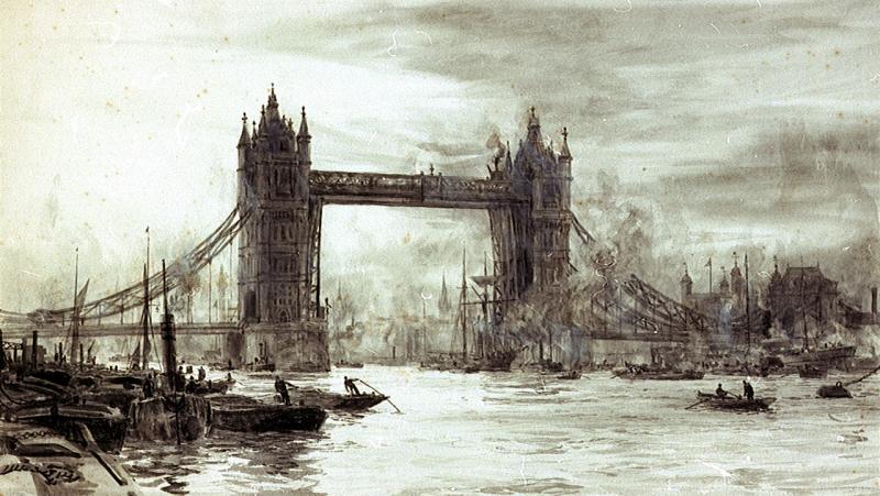 A black and white illustration of Tower Bridge in London