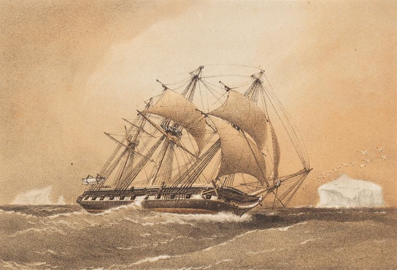 A print of scientific research ship HMS Challenger under sail, with icebergs in the background