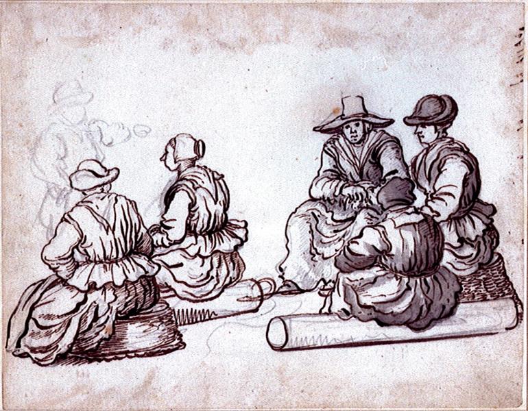 A beach scene of fisherwomen, sitting on upturned baskets and on logs which are most probably rollers for launching and landing boats. A standing man's figure is pencilled in on the right.
