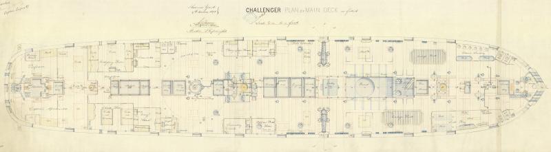 A detailed ship plan showing the main deck of HMS Challenger. Clean architectural lines mark out the arrangements of the various elements on deck