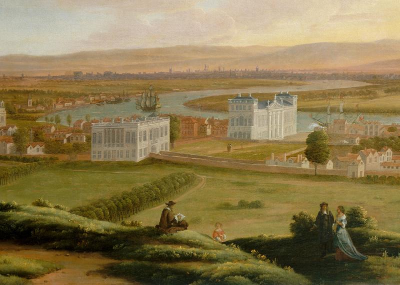 An oil painting from the 17th century showing a view of Greenwich, London from Greenwich Park. The Queen's House can be seen in the centre, and in the foreground a man can be seen sketching