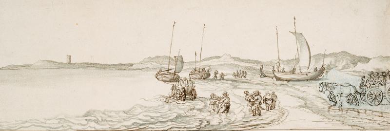 A drawing of boats and people at the water's edge, with a cart pulled by horses on the shore