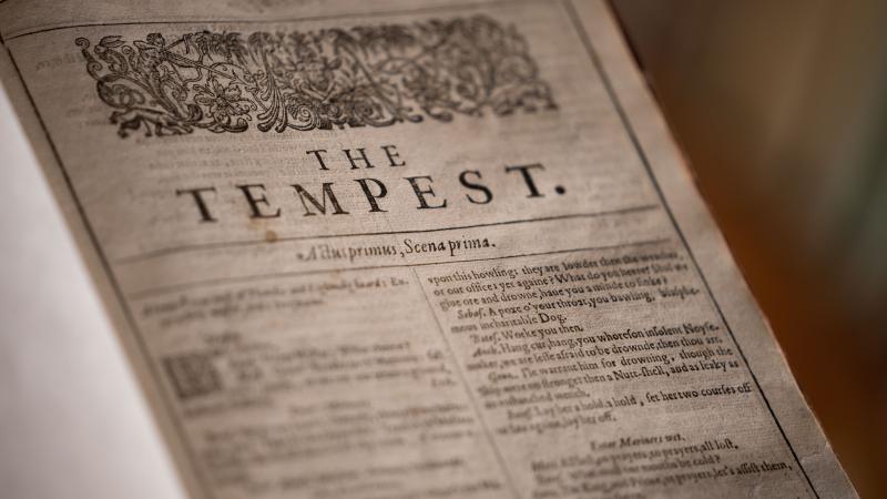 A photograph showing the first page of The Tempest from Shakespeare's First Folio held in the collection of Dulwich College