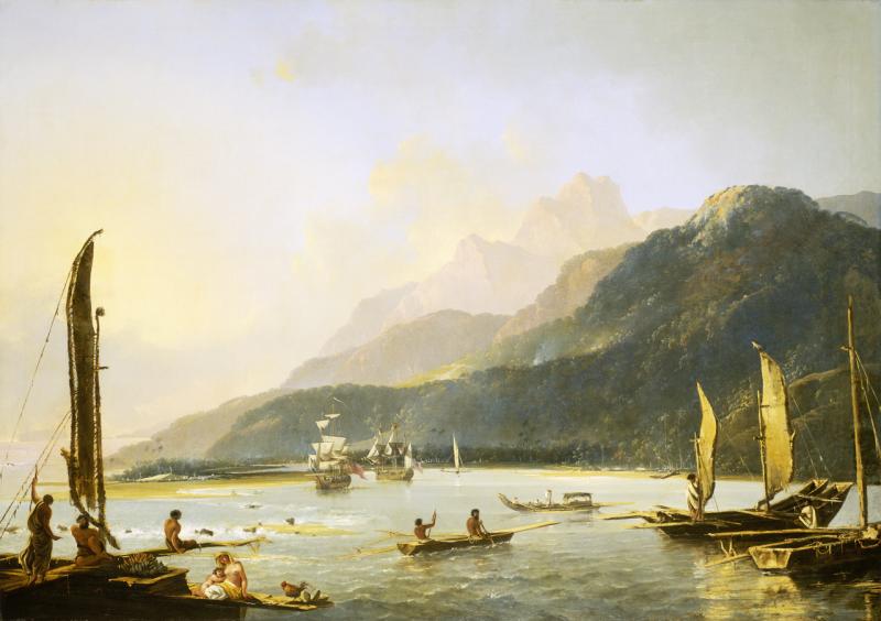 Painting of a beautiful Pacific island scene with Pacific boats in the foreground and European sailing ships in the background