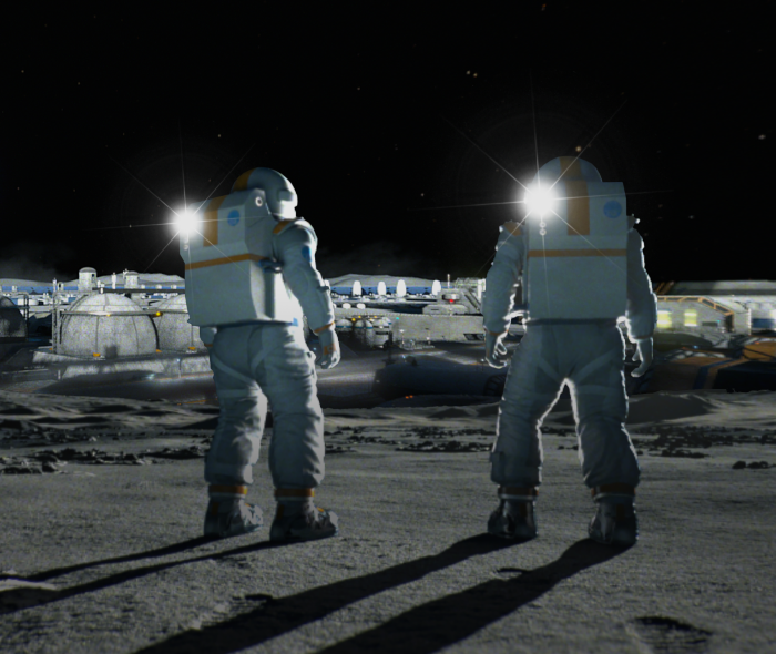 Two astronauts stand on the Moon looking out over a futuristic lunar habitat.