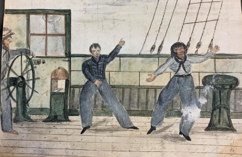 A sketch of sailors dancing on deck in 1829