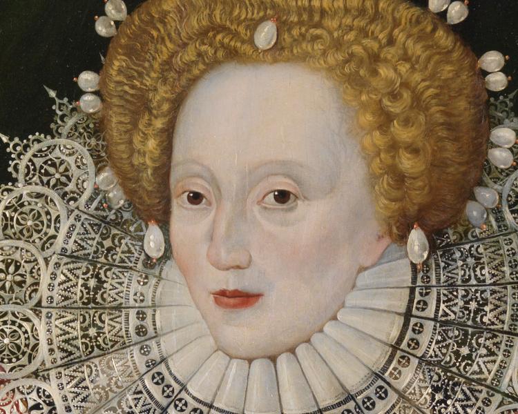 A close-up view of part of a painting of Queen Elizabeth I, showing her pale oval face framed by a crop of ginger hair and delicate lace ruff
