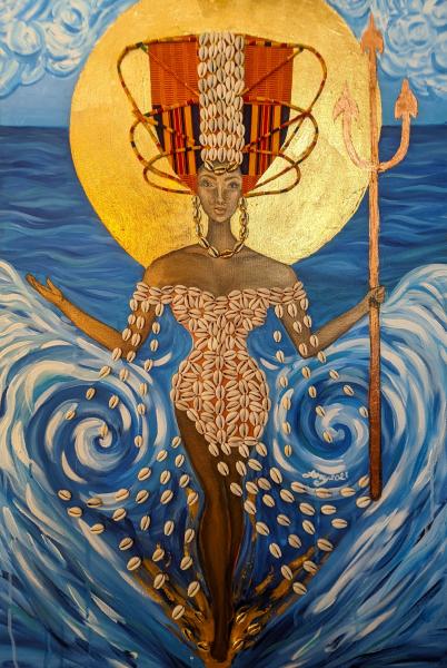 painting acrylic on canvas, a black sea goddess rising from the waves 