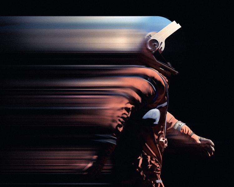A stylized photo of an astronaut against a black background. They are striding confidently dressed in orange space suit and helmet, and a blur effect makes it look like they are travelling at speed