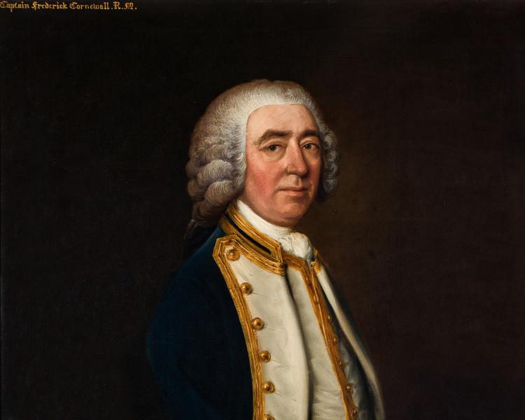 A portrait of a naval officer from the 1700s. He is wearing navy blue jacket with gold detailing and a curly wig. He is positioned slightly side on in the portrait but looking directly at the viewer