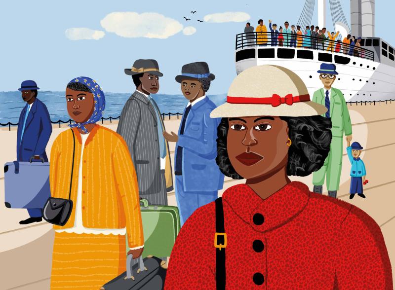 A brightly coloured illustrations depicting the arrival of passengers aboard the HMT Empire Windrush