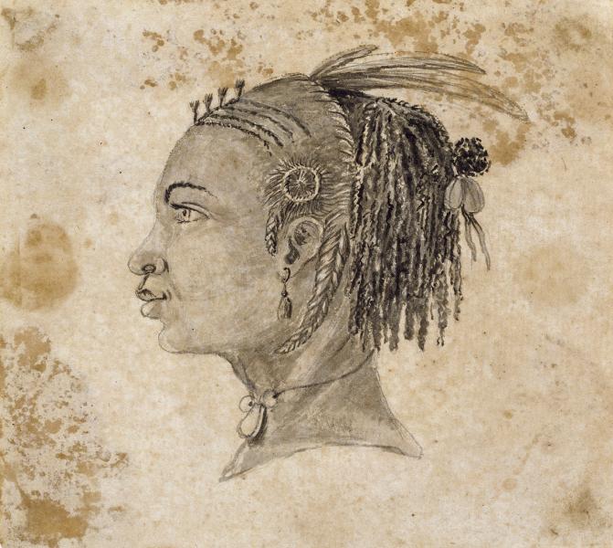 A drawing of a West African woman in left profile