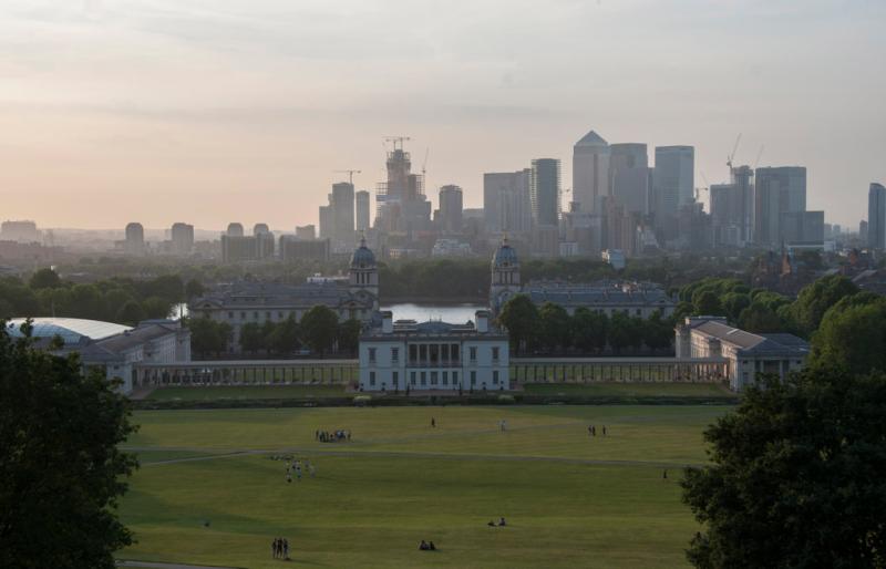 Sunset over the National Maritime Museum and Queens House from Greenwich Park, taken in 2018