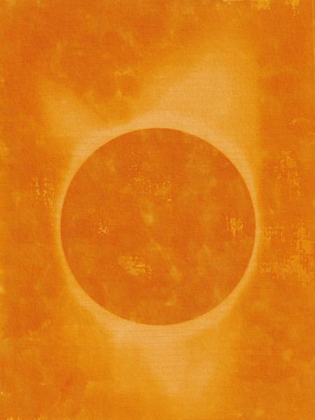 Solar printed image of the Sun, against an orange background the Sun appears as a yellow ring with flares coming off of it
