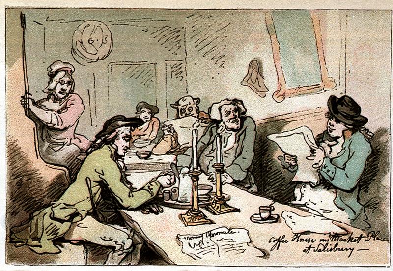 caricature print of people having coffee in a coffee house