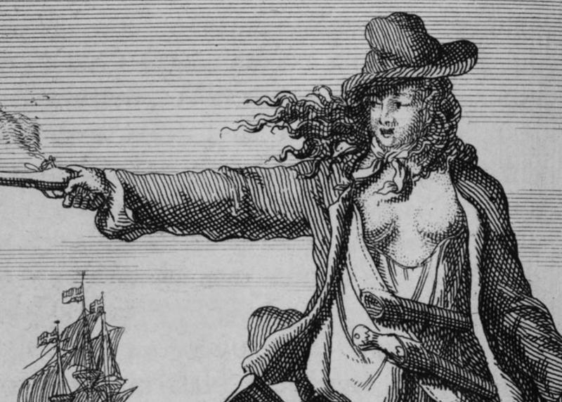 Historic print of 'female pirate' Anne Bonny, holding a gun