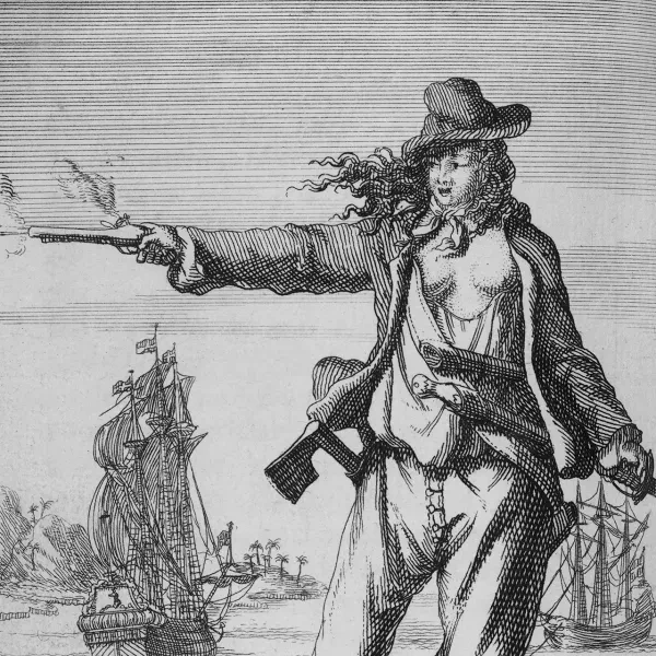 Historic print of 'female pirate' Anne Bonny, holding a gun