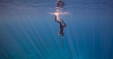 A diver heads swims vertically downwards through shining blue sea, holding a harpoon out in front
