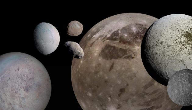 A collage of different moons of the solar system; Triton, Enceladus, Phobos, Pandora, Ganymede, Iapetus and Mimas