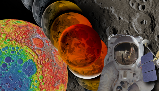 Image of different things related to the Moon; a surface height map, the stages of a lunar eclipse, as Apollo astronaut, the Lunar Reconnaissance Orbiter spacecraft.